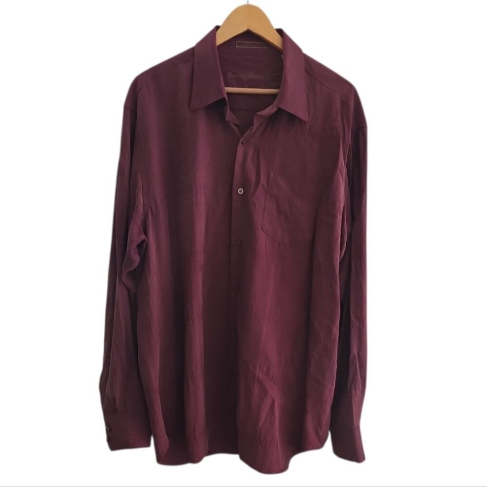 Tommy Bahama 100% Silk Button Front Shirt Men’s XL Plum Luxury Resort Vacation
